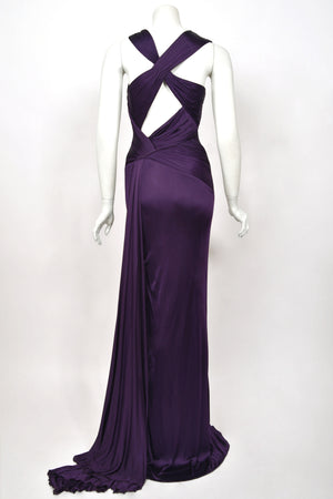 2013 Versace Runway Royal Purple Stretch Jersey Cut-Out High Slit Hourglass Gown