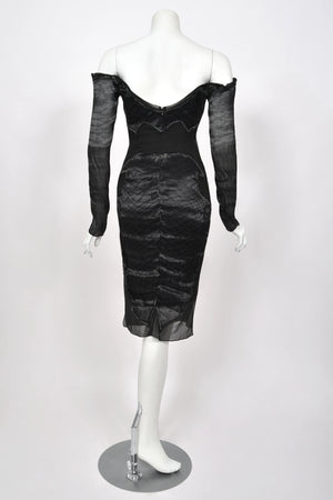 2004 Tom Ford for Yves Saint Laurent Runway Sheer Black Boned Off-Shoulder Hourglass Dress
