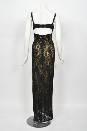1997 Dolce & Gabbana Sheer Black Stretch Lace Built-In Bra Slip Gown