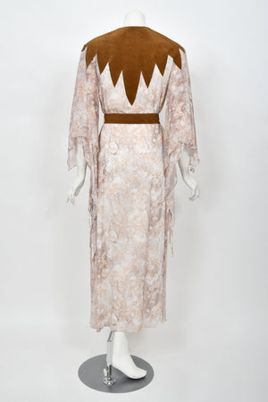 1971 Giorgio Sant' Angelo Watercolor Chiffon & Suede Angel-Sleeve Wrap Dress
