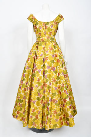 1950's Lanvin Castillo Haute Couture Watercolor Floral Silk Print Full-Skirt Gown