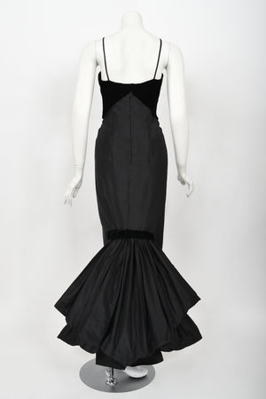 1958 Philip Hulitar 'Old Hollywood' Black Silk & Velvet Hourglass Fishtail Dress