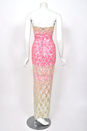 1950's Custom Couture Fully Sequin Pink Ombré Rhinestone Hourglass Gown w/ Gloves