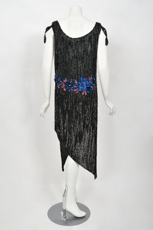 1920's Beaded Sequin Sheer-Net Butterfly Motif Asymmetric Flapper Dress
