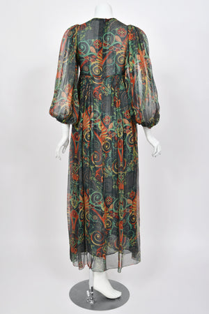 1971 Thea Porter Couture Green Art Nouveau Motif Silk Billow-Sleeve Maxi Dress