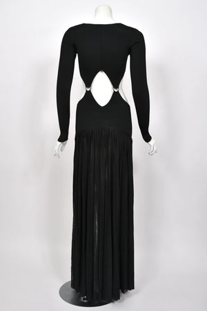 2018 Roberto Cavalli Runway Black Stretch Knit Long Sleeve Cut-Out High Slit Maxi Dress