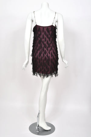 1998 Versace Runway Purple & Black 'Petal' Silk Chiffon Crystal-Straps Mini Dress