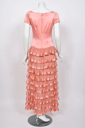 1993 Valentino Runway Blush Pink Silk & Sheer Chantilly-Lace Tiered Ruffle Maxi Dress