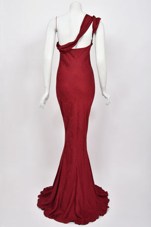 1999 John Galliano Maori Collection Merlot Red Silk Bias-Cut Gown w/ Fringed Shawl
