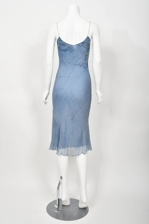 2000 Christian Dior by John Galliano Trompe L'oeil Denim Print Silk Bias-Cut Dress