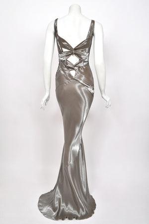 2004 Christian Dior by John Galliano Rare Sample Metallic Silk Lamé Bias-Cut High Slit Gown