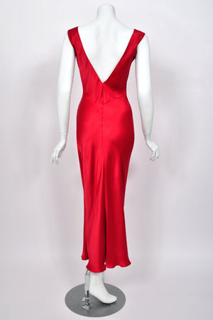 2003 Christian Dior by John Galliano Ruby Red Silk Low Cut Draped High Slit Bias-Cut Dress