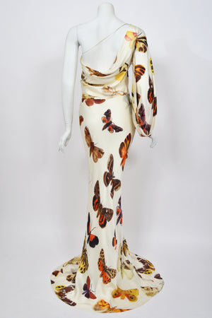 2007 Alexander McQueen Butterfly Motif Silk Asymmetric Billow Sleeve Bias-Cut Gown