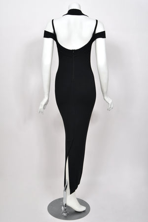 1992 Azzedine Alaia Black Stretch Knit Cold-Shoulder Halter Bodycon Maxi Dress
