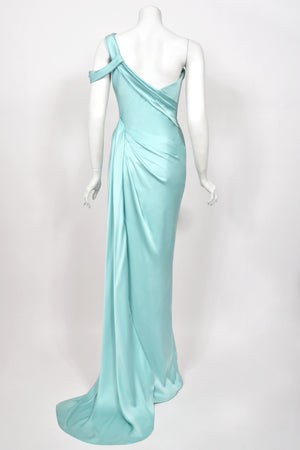 2017 Ralph & Russo Haute Couture Runway Aqua Blue Satin Cut-Out Draped High Slit Gown