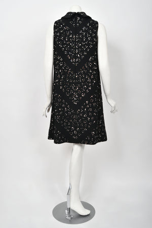 1960's Pauline Trigère Rhinestone Studded Black Wool Mod Trapeze Dress