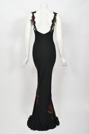 2001 John Galliano Red Chrysanthemum Floral Appliqué Black Silk Chiffon Bias-Cut Gown