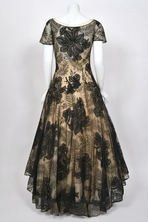 1950’s Hattie Carnegie Couture Large-Scale Black Floral Chenille Lace Full Skirted High-Low Gown