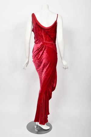 2006 Christian Dior by Galliano Ruby Red Velvet Asymmetric Draped Bias-Cut Gown