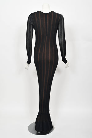 1996 Azzedine Alaïa Black Nude-Illusion Silky Knit Bodycon Floor Length Gown