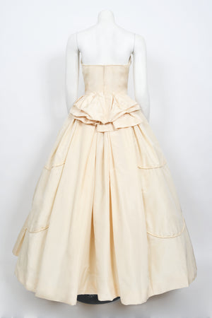 1950's Rosalie Macrini Couture Cream Silk Strapless Bridal Wedding Gown