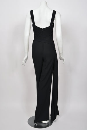 1999 Chanel by Karl Lagerfeld Runway Black Crepe Low-Plunge Draped Sash Jumpsuit