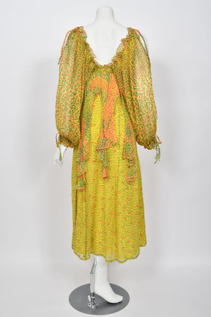 1971 Ossie Clark for Quorum Celia Birtwell Yellow Print Sheer Silk Chiffon Cut-Out Dress