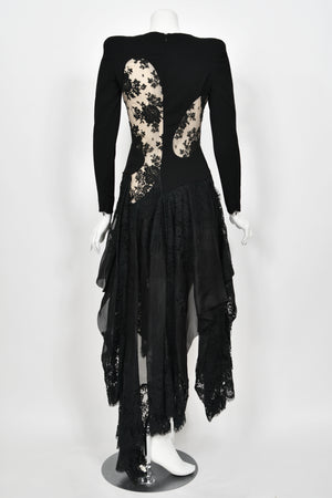 2010 Alexander McQueen Lifetime Black Crepe & Sheer Illusion Lace High-Low Gown