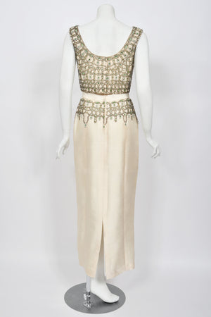 1960's British Crown Colony Beaded Rhinestone Ivory Silk Crop Top Column Gown