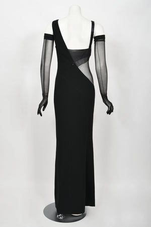 1998 Thierry Mugler Documented Runway Sheer Black Silk Asymmetric High-Slit Gown