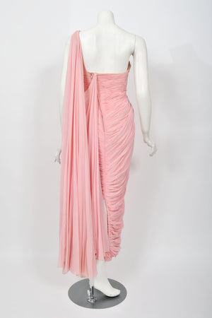 1958 Jean Dessès Haute Couture Attributed Pink Ruched Chiffon Goddess Gown