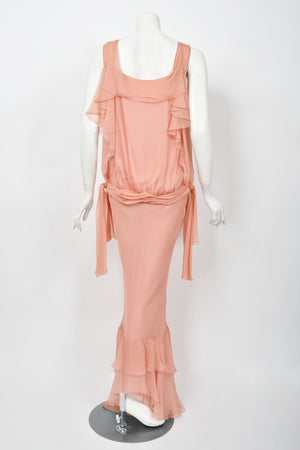 2008 John Galliano Pale Pink Semi-Sheer Silk Draped Ruffle Bias-Cut Gown