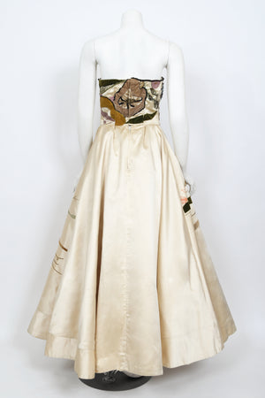 1950's Emilio Schuberth Italian Couture 'Under The Sea' Motif Satin Gown