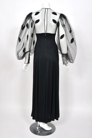 1979 Loris Azzaro Black Silk Jersey Sheer Illusion Petal Motif Billow-Sleeve Gown