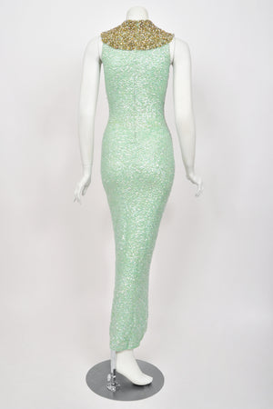 1960's Gene Shelly Seafoam Fully- Sequin Stretch Knit Beaded Collar Hourglass Gown