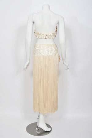 1950's Ivory Floral Appliqué Silk Bustier Crop Top & Matching Fringe Skirt Set