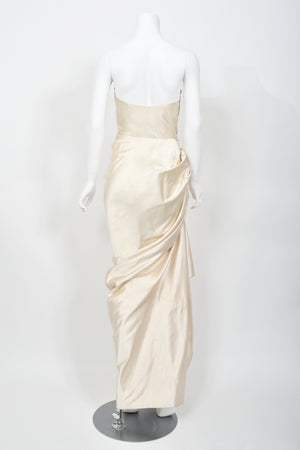 1949 Jeanne Lanvin Haute Couture Ivory Silk Satin Strapless Draped Bridal Gown