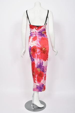 2001 Dolce & Gabbana Floral Stretch Silk Built-In Bra Hourglass Slip Dress