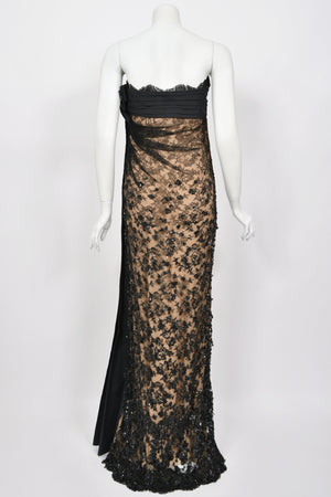 2009 Valentino Black Silk & Beaded Sheer Illusion Lace Strapless Bustier Gown