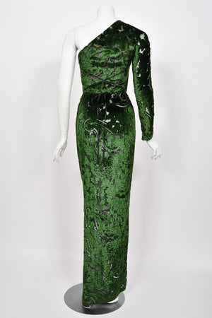 1990 Geoffrey Beene Couture 'Green Leaves' Sheer Devoré Velvet One-Sleeve Hourglass Gown