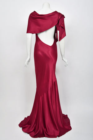 1999 John Galliano Maori Collection Wine Red Asymmetric High Slit Bias-Cut Gown
