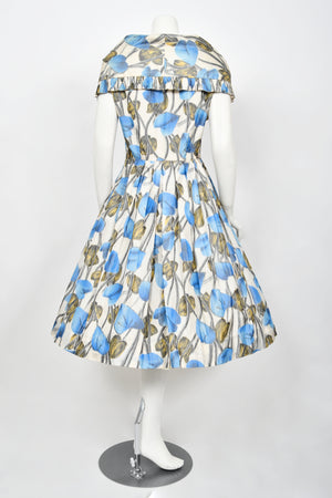 1956 Christian Dior Couture Blue Floral Silk Portrait Collar New Look Dress