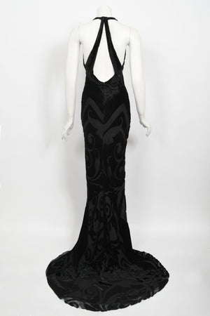1997 Galindo Couture Black Devoré Velvet Bias-Cut Halter Trained Gown