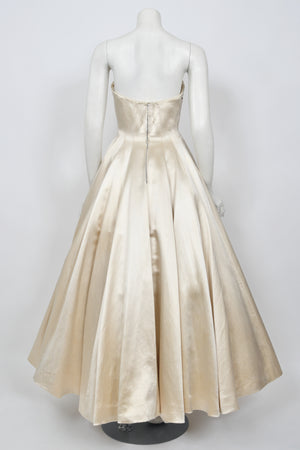 1950's Beaded Embroidered Cream & Pale Pink Satin Strapless Couture Ballgown