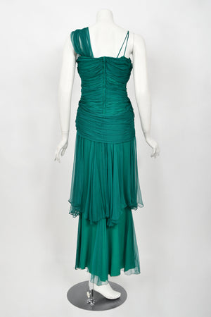 1958 Irene Lentz Couture Teal Green Draped Silk Grecian Goddess Gown
