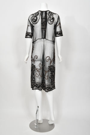 1920's Embroidered Black Sheer Mixed-Lace Beaded Art Deco Motif Dress