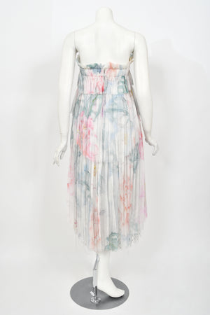 2013 Chanel by Karl Lagerfeld Pastel Floral Silk & Sheer Tulle Strapless Dress