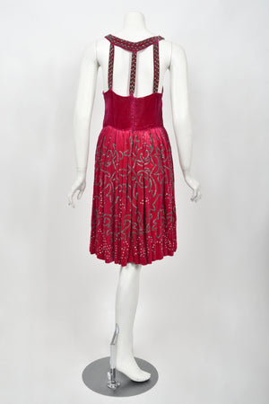 1920's Magenta Pink Beaded & Rhinestone Velvet Back Cut-Out Flapper Dress