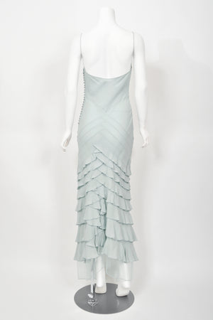 2004 Christian Dior by John Galliano Ethereal Ice Blue Silk & Tulle Tiered Bias-Cut Gown