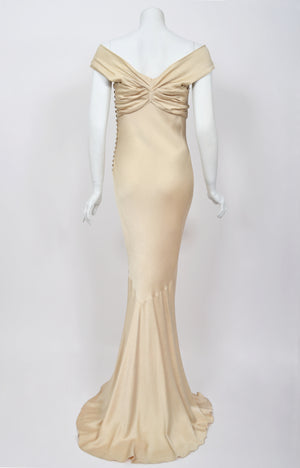2007 John Galliano Champagne Silk Satin Off-Shoulder Bustier Bias-Cut Gown w/Tags